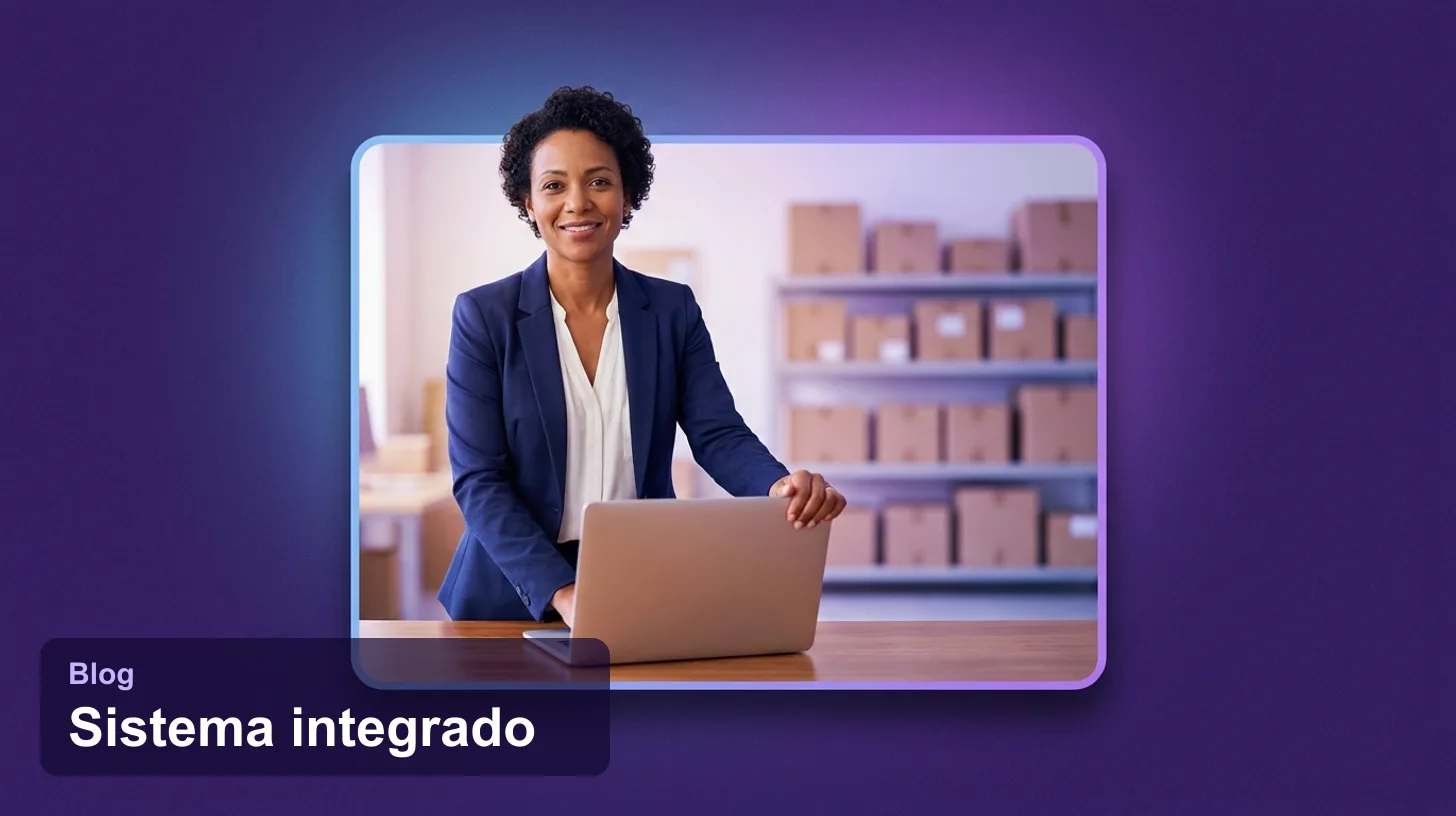 Sistema Integrado: empresária com notebook no escritório de uma distribuidora, com estoque de caixas ao fundo