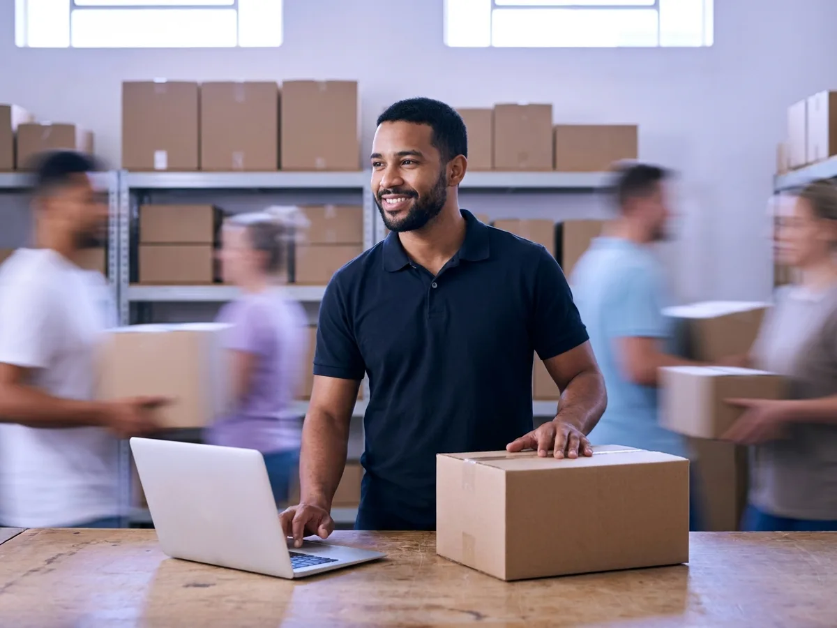 Empresário registra um pedido no notebook ao lado de uma caixa pronta para envio, com estoque, venda e nota fiscal conectados em um sistema integrado