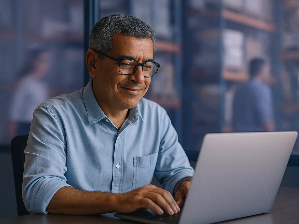 Empresário de uma distribuidora fechando o resultado do mês no notebook para calcular o EBITDA da empresa