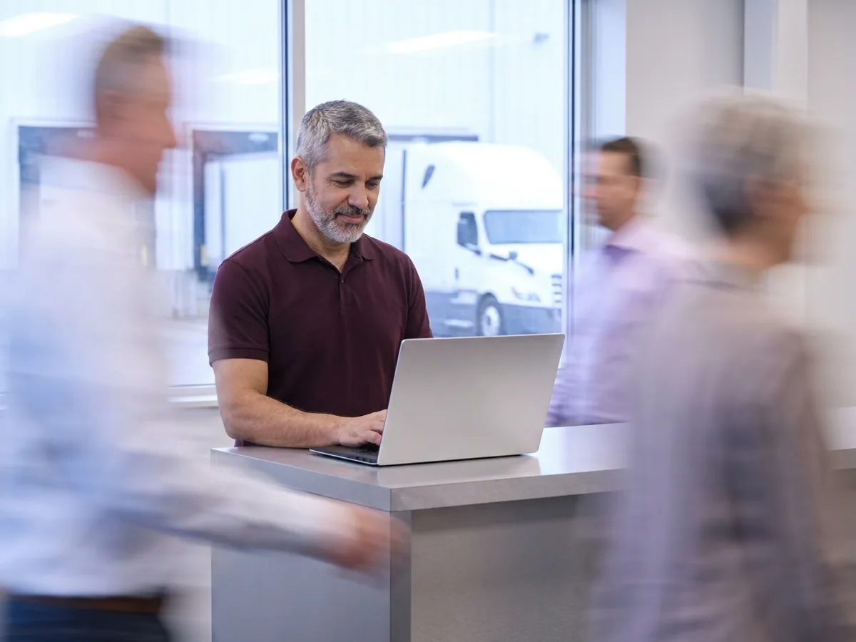 Dono de transportadora emitindo no notebook o MDF-e com os dados do seguro de carga antes da viagem