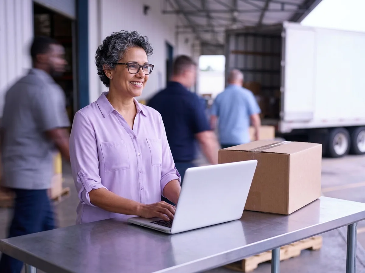 Coordenadora de expedição emitindo o CT-e no notebook na doca da transportadora, com os campos de IBS e CBS da Reforma Tributária no transporte de cargas