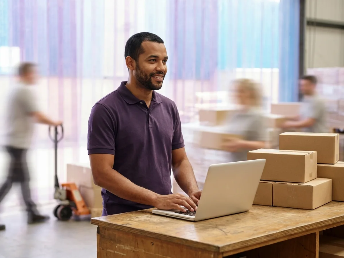 Coordenador de expedição emitindo nota no notebook ao lado de caixas prontas para envio, com o estoque controlado por um ERP para distribuidora
