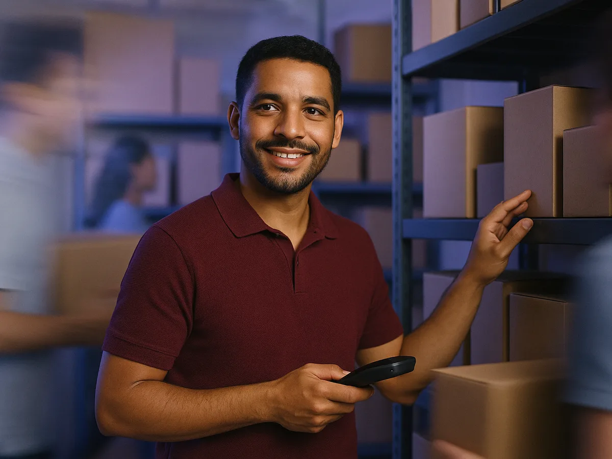 Dono de loja conferindo o estoque com leitor de código de barras, base de dados para usar inteligência artificial no comércio