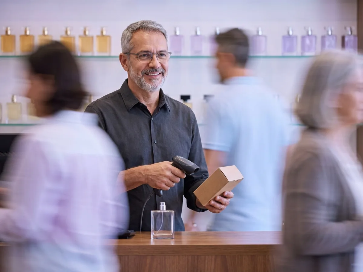 Vendedor de perfumaria passa o leitor de código de barras na caixa de um perfume para emitir a nota fiscal no balcão