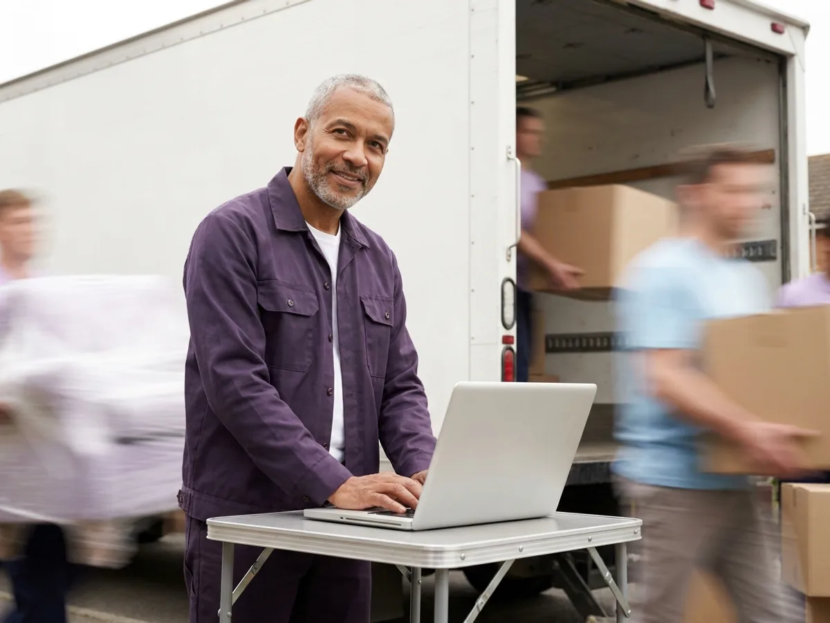 Dono de empresa de fretes e mudanças emitindo o CT-e no notebook ao lado do caminhão de mudança