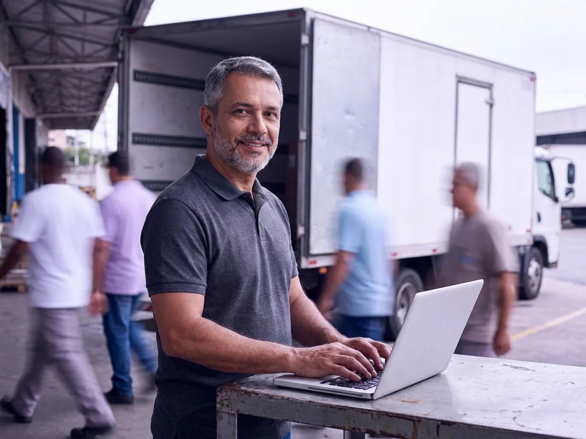 Coordenador de logística registrando no notebook o CIOT para frota própria antes de o caminhão da transportadora sair da doca