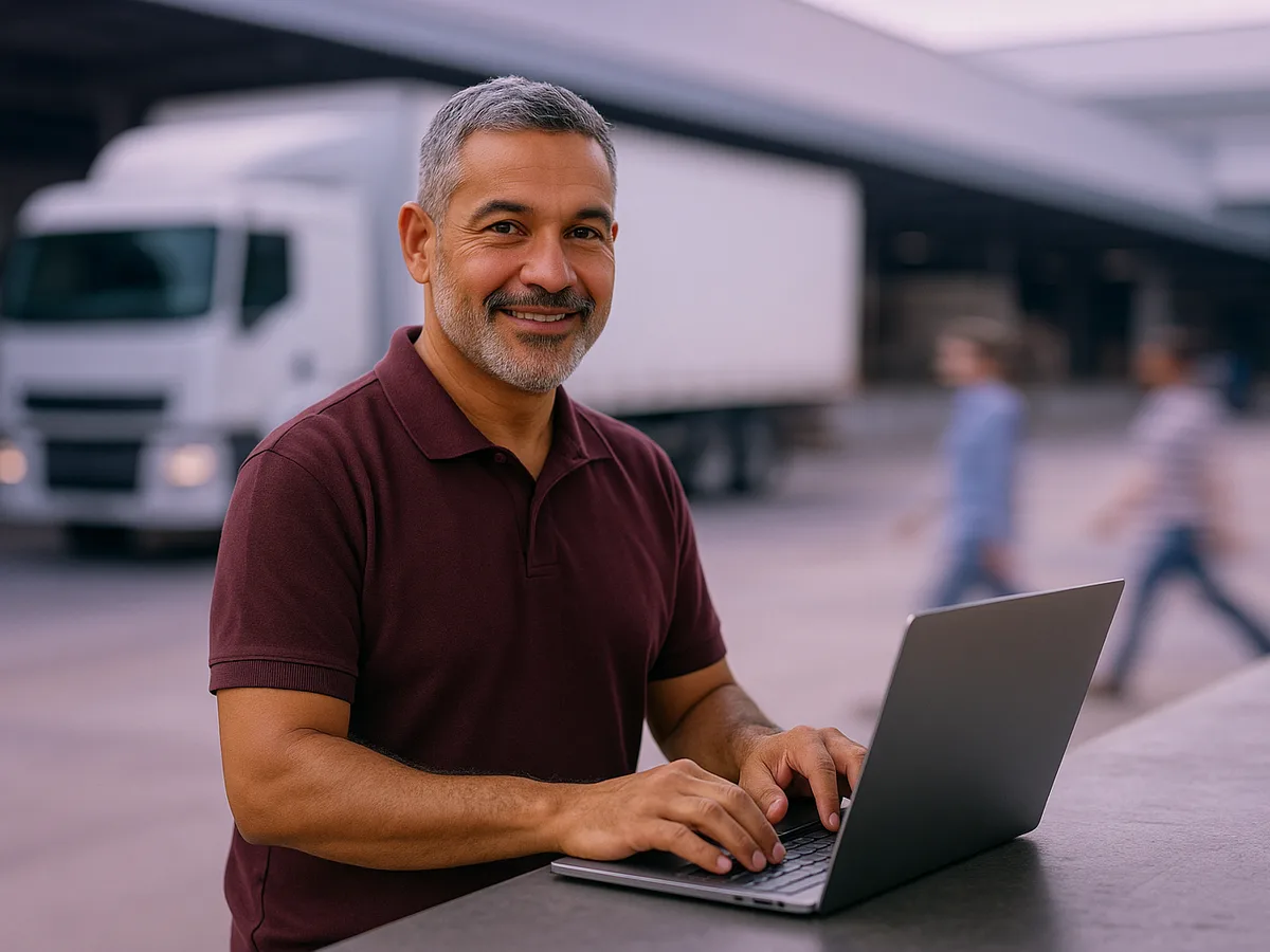 Gestor de expedição emitindo o CT-e do transporte rodoviário no notebook ao lado do caminhão no pátio da transportadora