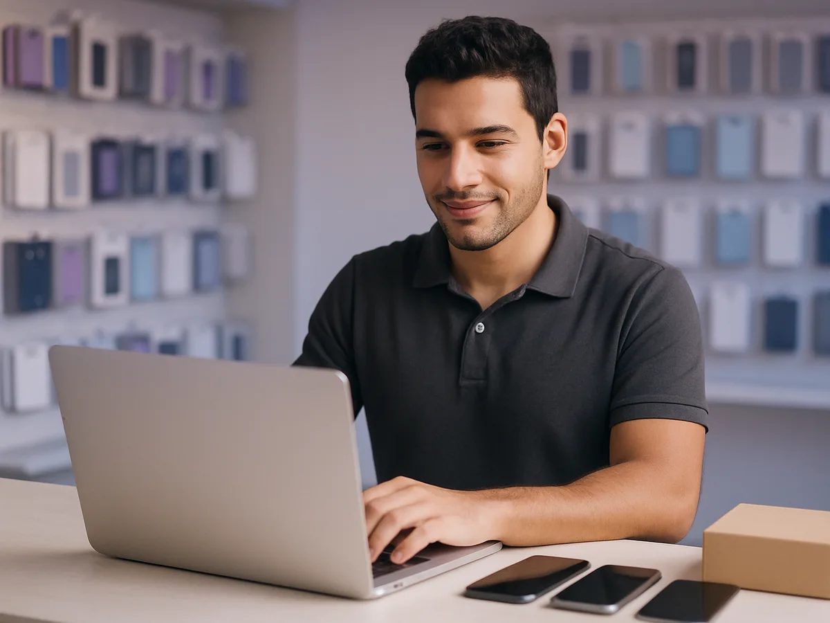 Microempreendedor dono de assistência técnica de celulares registrando as vendas do dia no notebook, no balcão da loja
