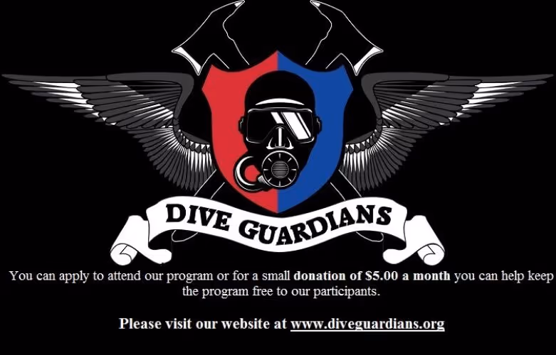 Dive Guardians logo and program flyer promoting a free scuba diving training program for first responders, supported by a $5/month donation.