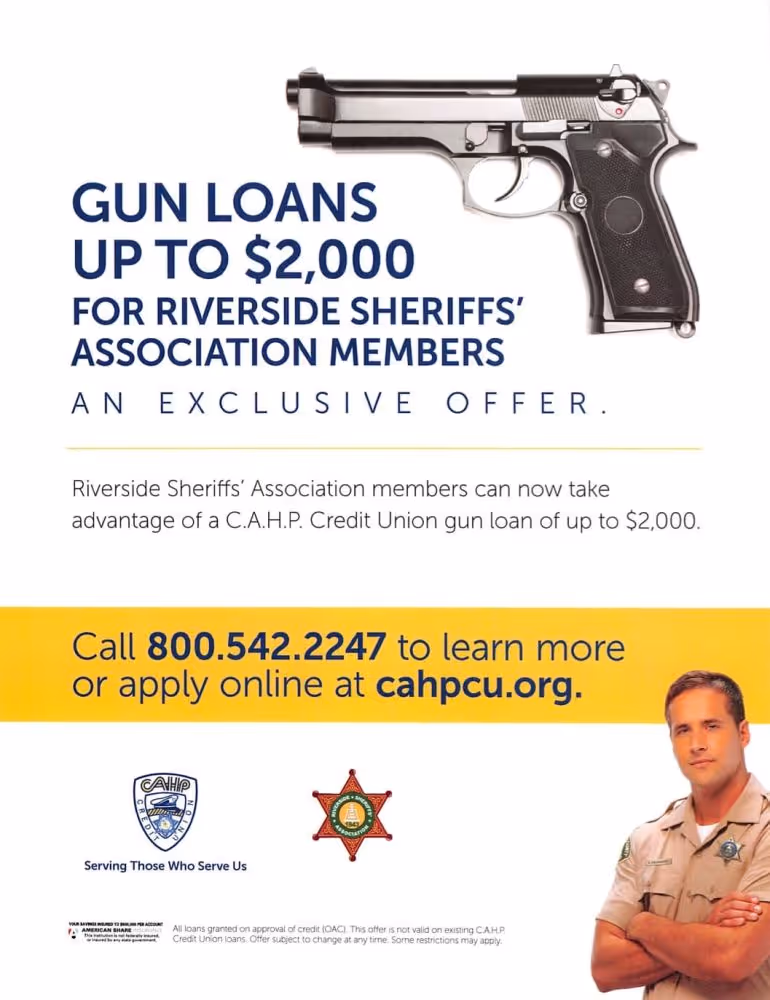 CAHP Credit Union flyer advertising gun loans up to $2,000 for Riverside Sheriffs' Association members.