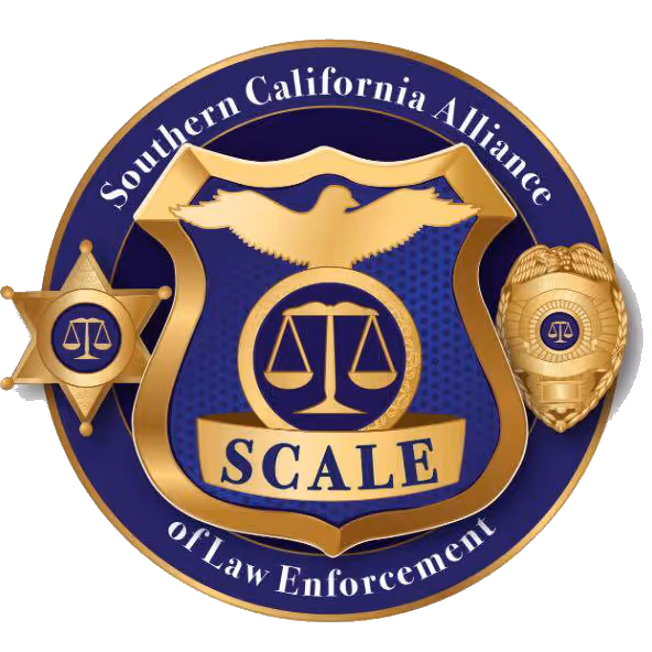 Emblem of Southern California Alliance of Law Enforcement (SCALE) featuring a blue and gold shield with scales of justice and an eagle.