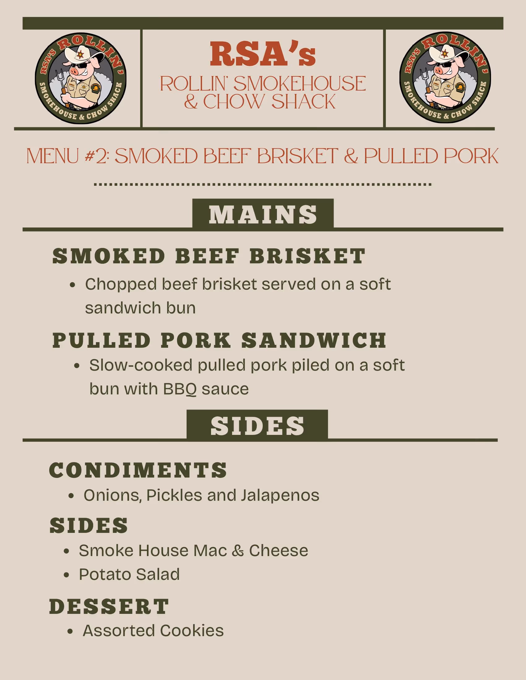 RSA's Rollin' Smokehouse & Chow Shack menu featuring smoked beef brisket, pulled pork sandwich, sides like mac & cheese and potato salad, condiments, and assorted cookies dessert.