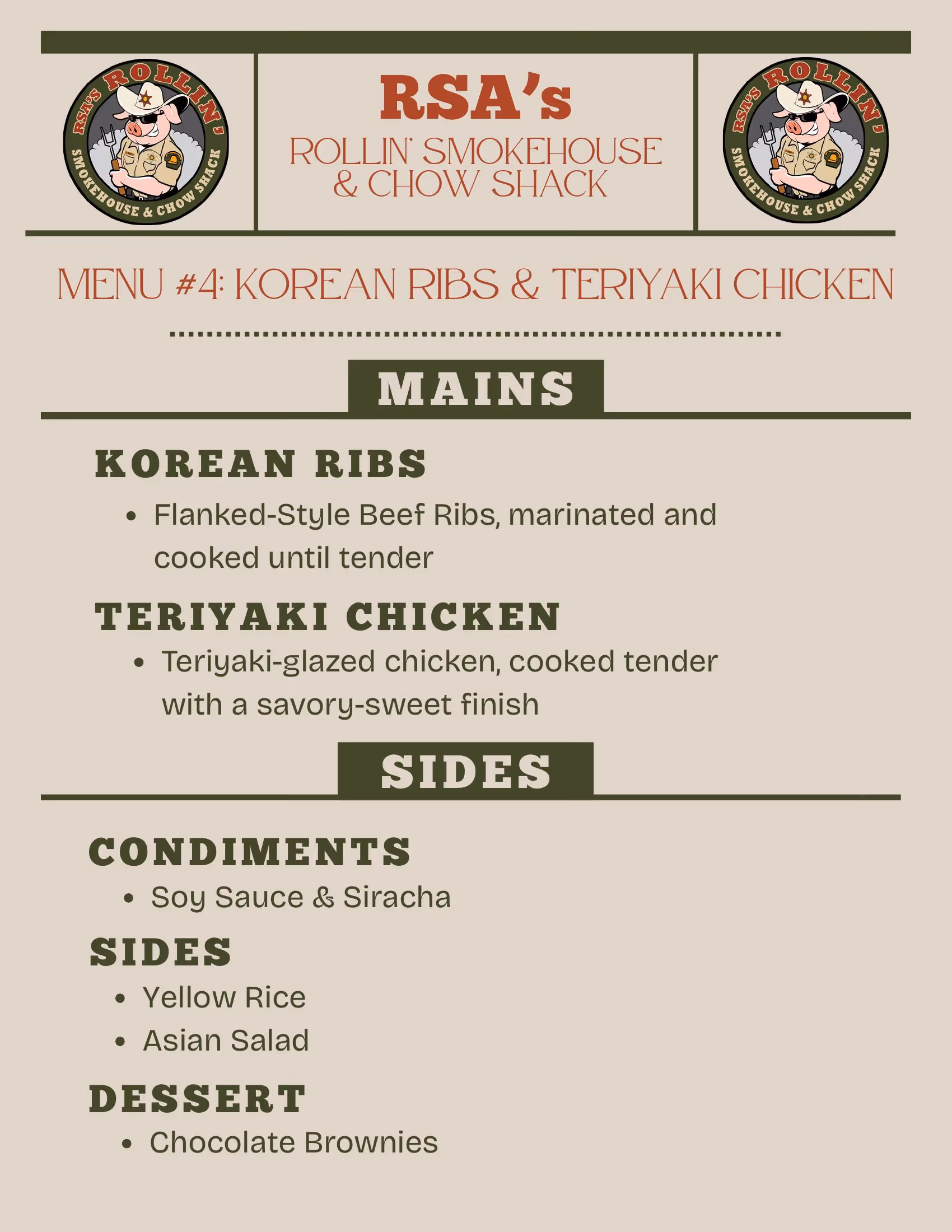 Menu for RSA's Rollin Smokehouse & Chow Shack featuring Korean Ribs and Teriyaki Chicken mains, soy sauce and siracha condiments, yellow rice and Asian salad sides, and chocolate brownies dessert.