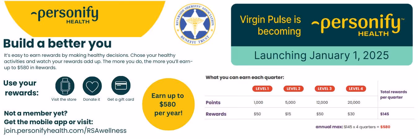 Personify Health wellness rewards program flyer for RSA Benefit Trust members, showing points levels and reward amounts up to $580 per year.