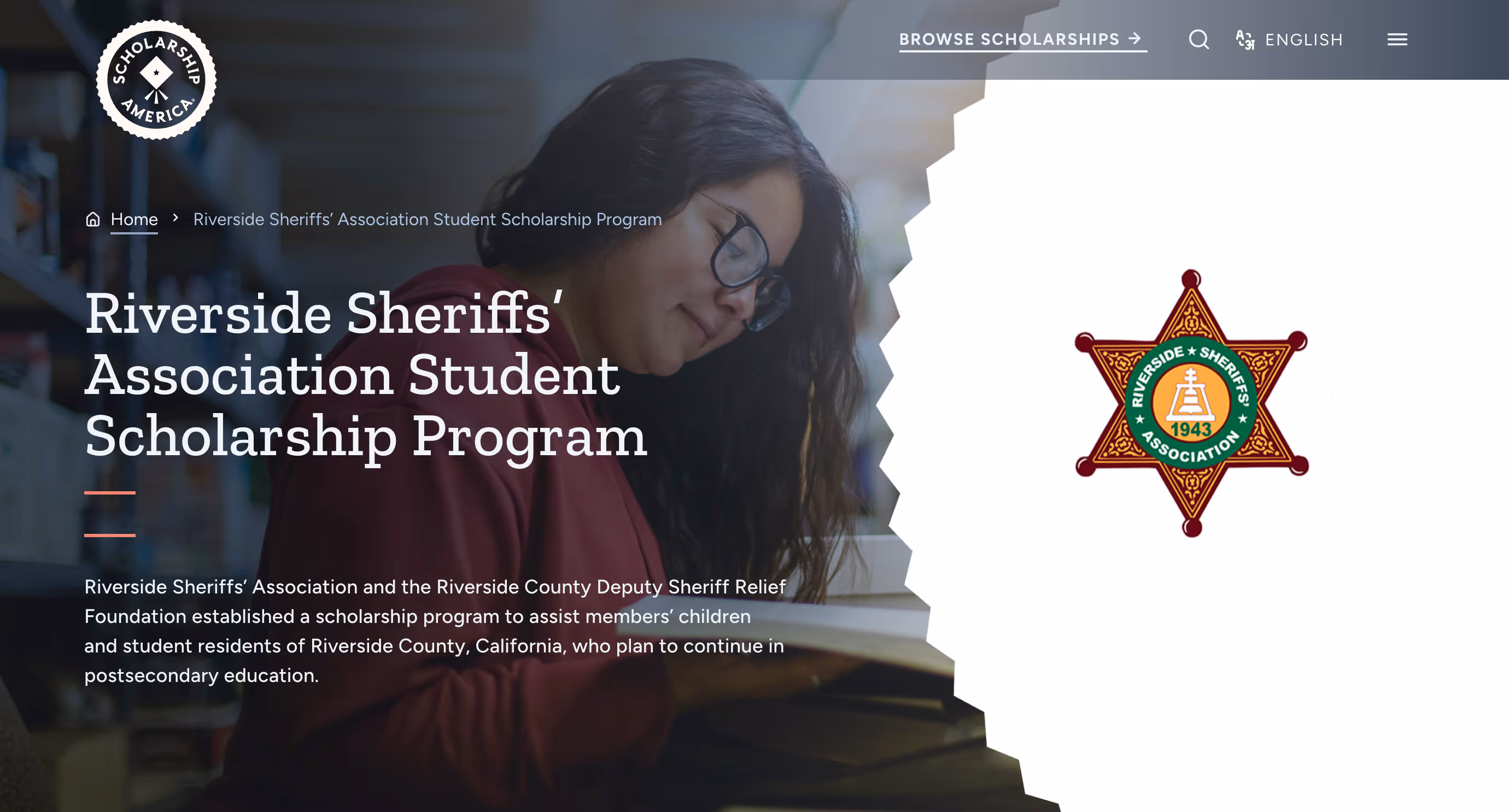 Young woman reading a book with Riverside Sheriffs' Association logo and scholarship program details.