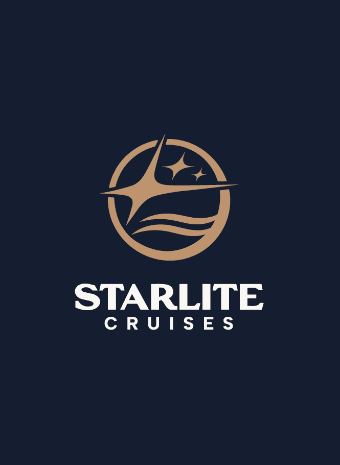 Starlite Cruises logo featuring three stylized stars and waves in a circular emblem above the company name in block letters on a dark background.