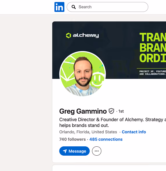 LinkedIn profile preview of Greg Gammino, Creative Director and Founder of Alchemy, based in Orlando, Florida, with 740 followers and 485 connections, showing his profile photo and company banner.