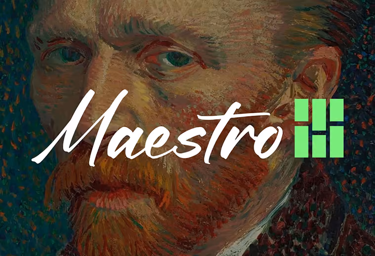 Close-up of an oil painting depicting a man's face with a beard and intense gaze, overlaid with the word 'Maestro' in white script and a green abstract logo on the right.