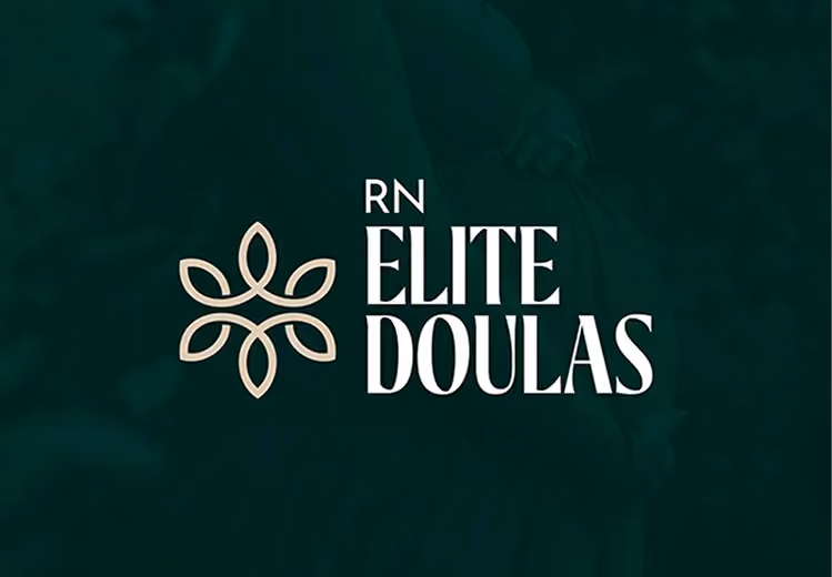 Logo with a beige symmetrical floral design to the left and the text 'RN ELITE DOULAS' in uppercase serif font on a dark green background.