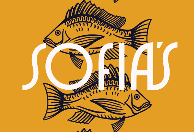 Illustration of three black fish on a mustard yellow background with the word 'SOFIA'S' in white stylized letters overlaid.