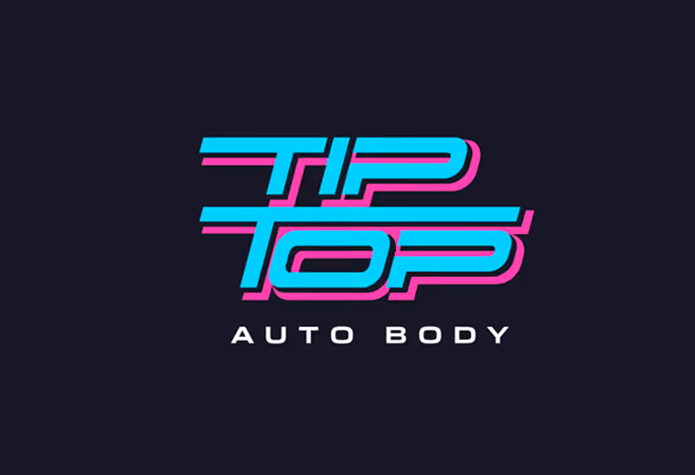 Logo reading 'TIP TOP' in bright blue text with pink shadow and 'AUTO BODY' in white text below on a dark background.