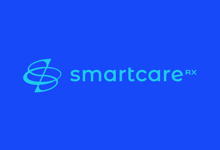 Smartcare RX logo with stylized double ring symbol to the left and the brand name smartcare RX in lowercase letters on blue background.