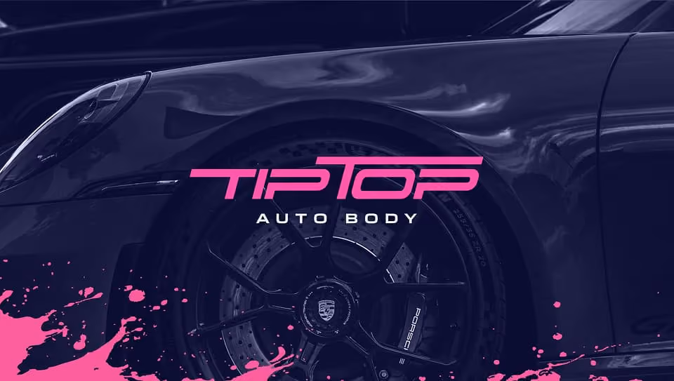 Close-up of a black sports car's front wheel with a Porsche logo on the brake caliper and the text 'Tip Top Auto Body' in pink and white overlaid on the image with pink paint splashes at the bottom.