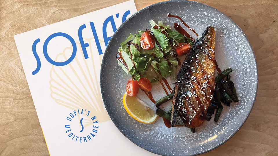 Grilled salmon fillet with sesame seeds on a gray plate served with green beans, lettuce salad with cherry tomatoes, a lemon wedge, and drizzled sauce, next to a menu titled Sofia's Mediterranean.