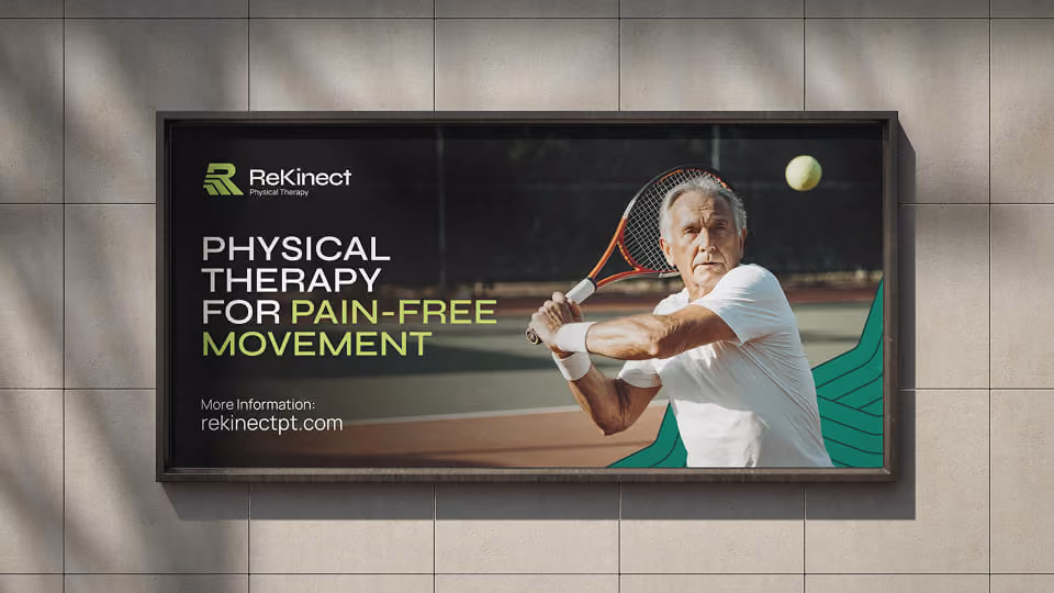 Outdoor billboard advertisement for ReKinect Physical Therapy featuring an older man in a white shirt preparing to hit a tennis ball with a racket, with text promoting physical therapy for pain-free movement and the website rekinectpt.com.