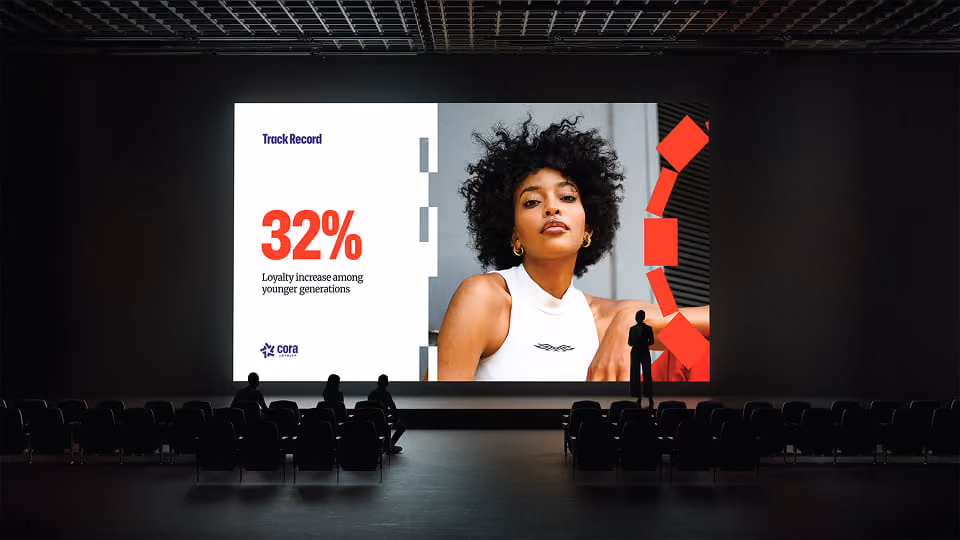 Conference room with dark surroundings showing a presenter in front of a large screen displaying a slide with a woman's portrait and text reading, 'Track Record 32% Loyalty increase among younger generations' along with the Cora logo.