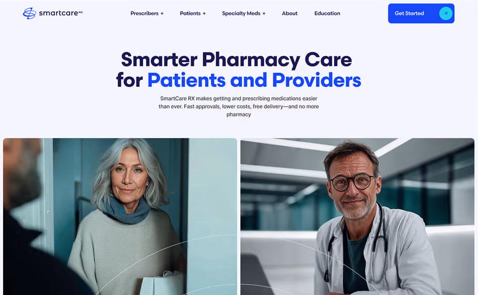 Website homepage screenshot of SmartCare RX with a header offering smarter pharmacy care for patients and providers, including a navigation menu and images of a senior woman and a male doctor.