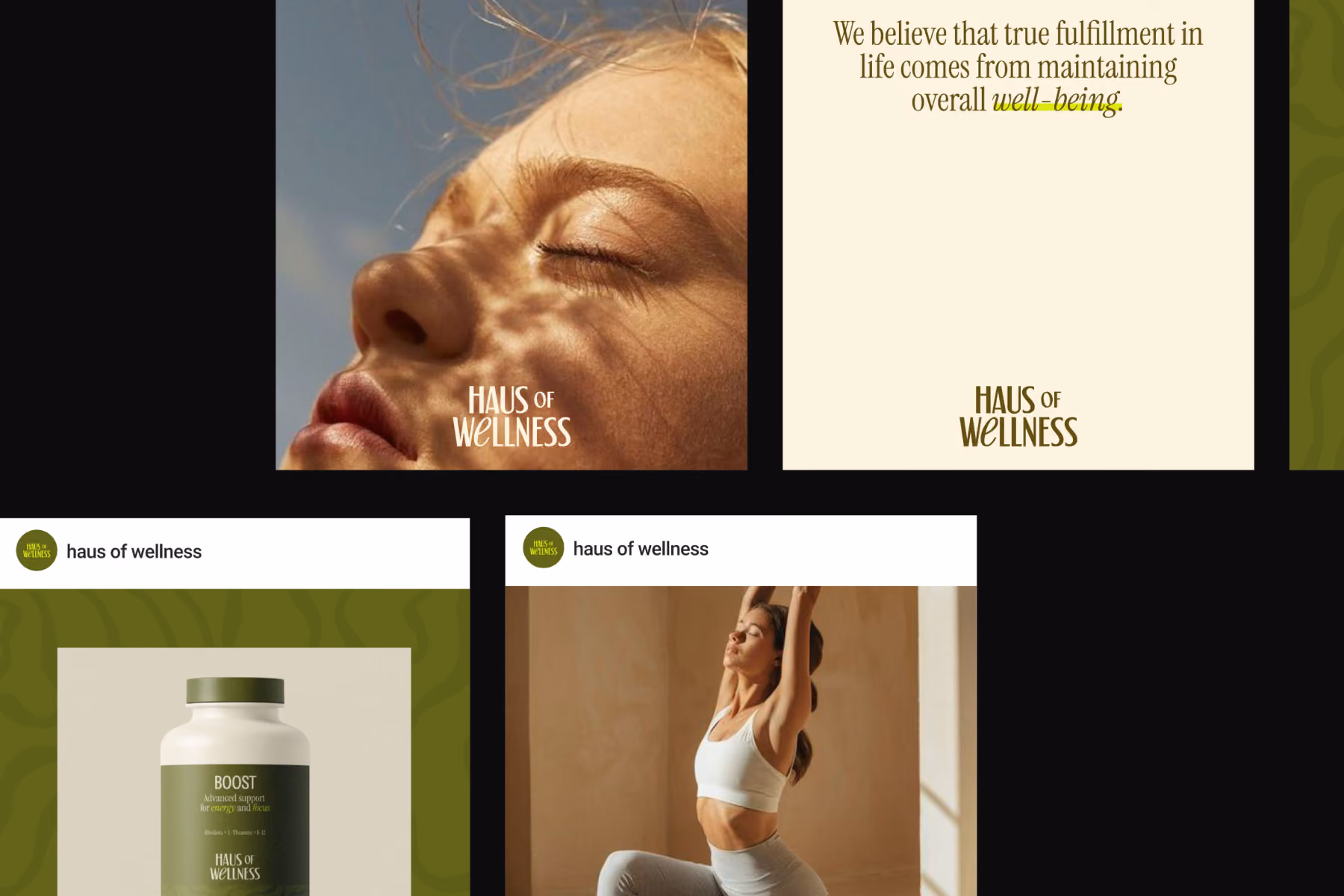 Collage of wellness-themed images including a close-up of a woman's face with sunlight and shadows, a quote about well-being from Haus of Wellness, a bottle labeled Boost for energy and focus, and a woman stretching in workout clothes in a sunlit room.