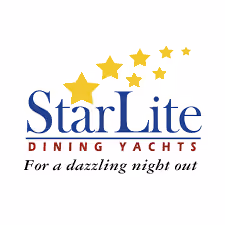 StarLite Dining Yachts logo with six yellow stars arranged in a curved upward path above the text, and the tagline 'For a dazzling night out' below.