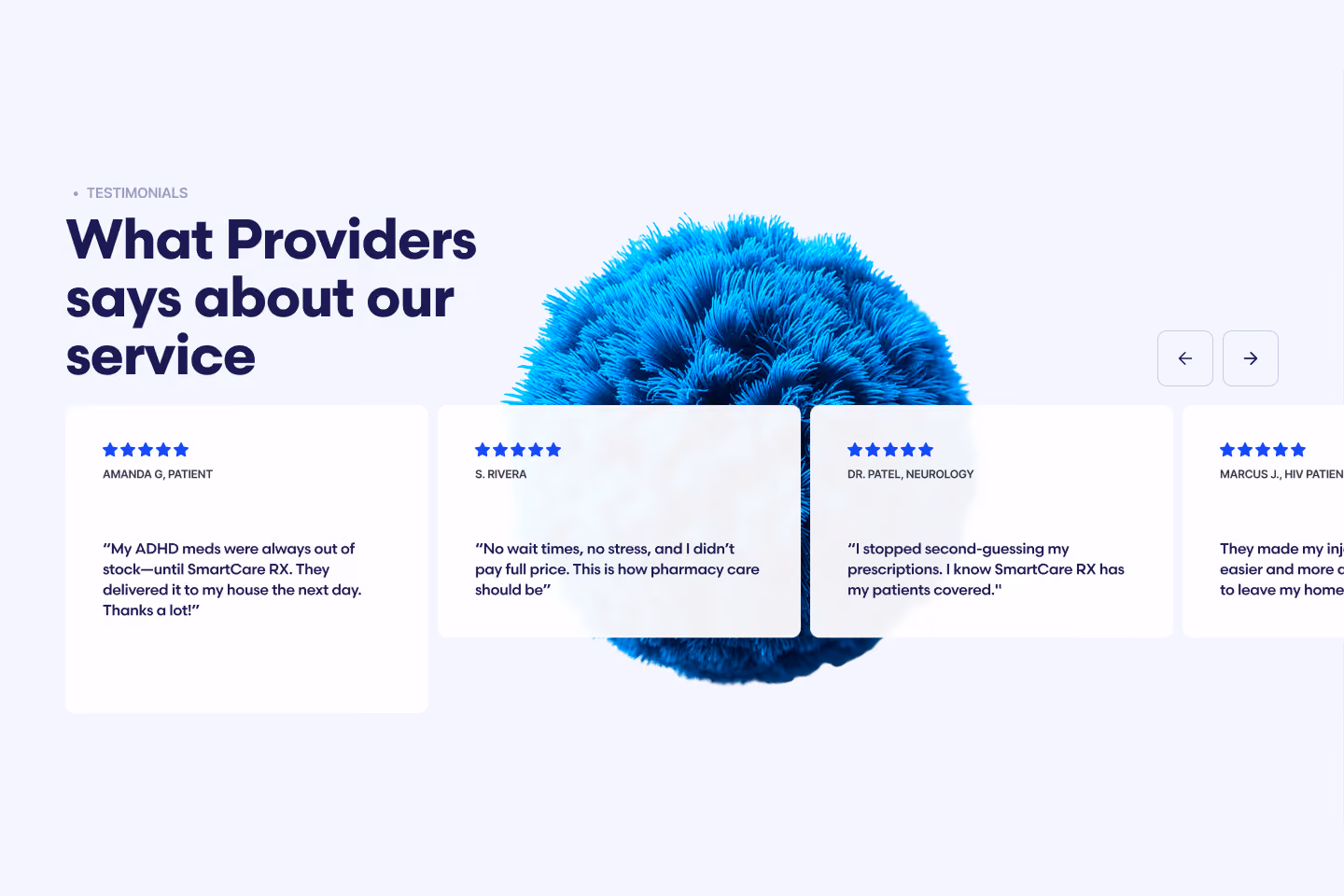 Webpage section titled 'What Providers says about our service' with four testimonials from users including Amanda G., S. Rivera, Dr. Patel, and Marcus J., praising SmartCare RX for reliable ADHD medication delivery, no wait times, prescription confidence, and easier injection process.