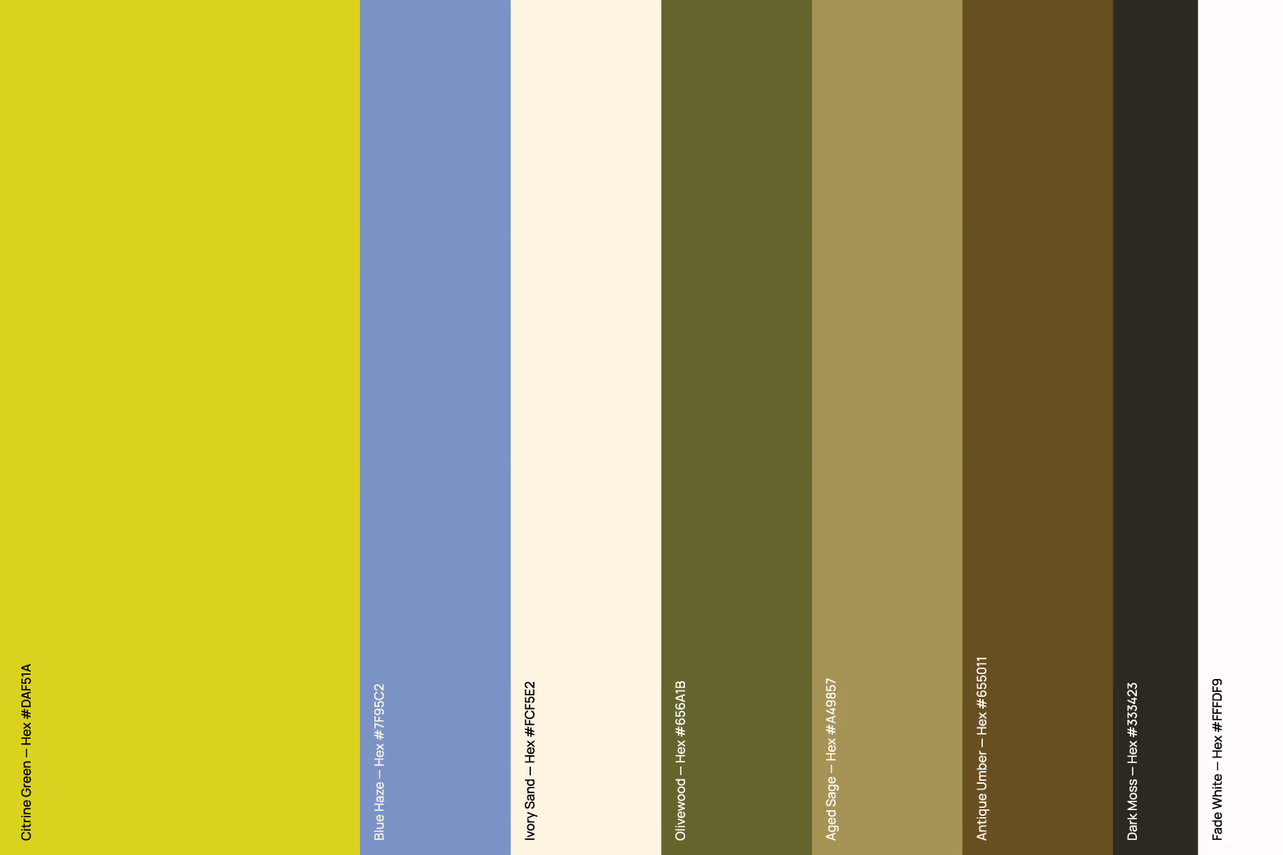Vertical color palette bars from left to right: Citrine Green (#DAF51A), Blue Haze (#7595C2), Ivory Sand (#FCF5E2), Olivewood (#656A1B), Aged Sage (#4A9857), Antique Umber (#655011), Dark Moss (#333423), and Fade White (#FFFD F9), with hex codes labeled on each color.