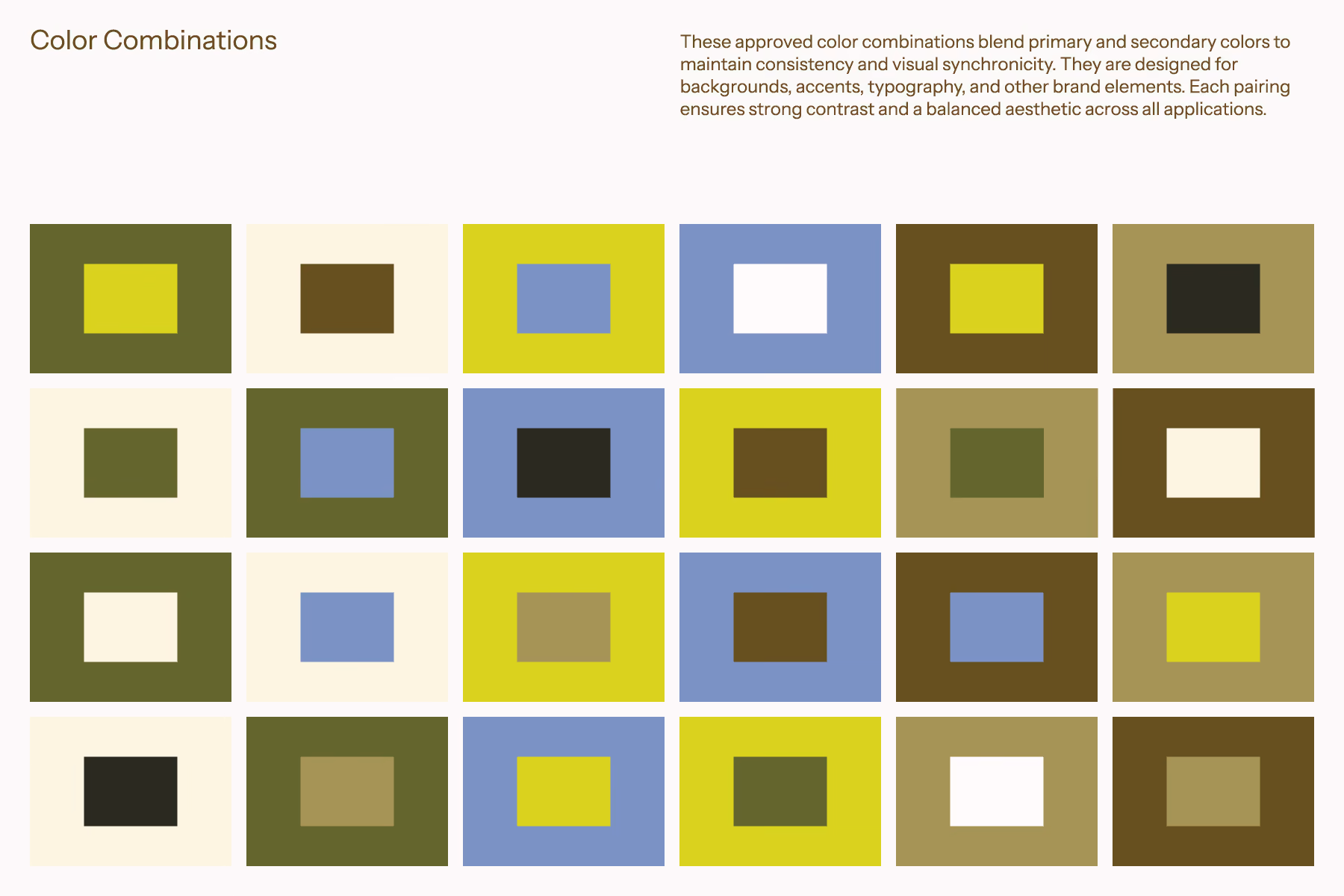 Grid of 24 squares showing approved color combinations with primary and secondary colors including shades of green, yellow, blue, brown, and beige, illustrating consistent high-contrast pairings for backgrounds, accents, and typography in branding.