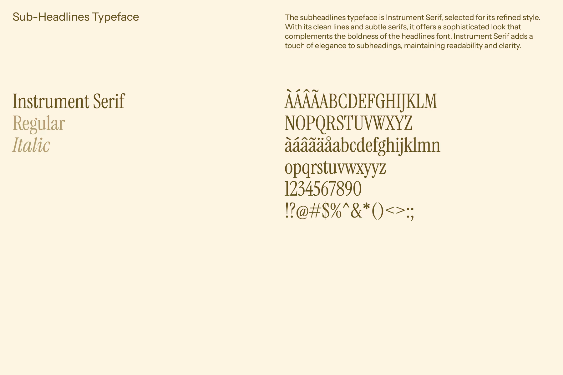 Typeface sample for Instrument Serif showing regular and italic styles, including uppercase and lowercase letters, numbers, accented characters, and common punctuation on a beige background with text explaining the font’s refined style, clean lines, subtle serifs, elegance, readability, and clarity.