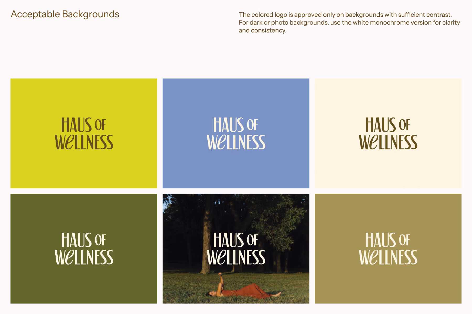 A grid of six squares displaying the 'HAUS OF WELLNESS' logo on different acceptable background colors and a photo background. The logos show contrast variations with dark brown text on light backgrounds, white text on medium dark backgrounds, and white text on a dark photo background of a woman lying on grass with trees behind her. Text at the top explains that the colored logo is approved only on backgrounds with sufficient contrast and for dark or photo backgrounds, the white version should be used for clarity and consistency.