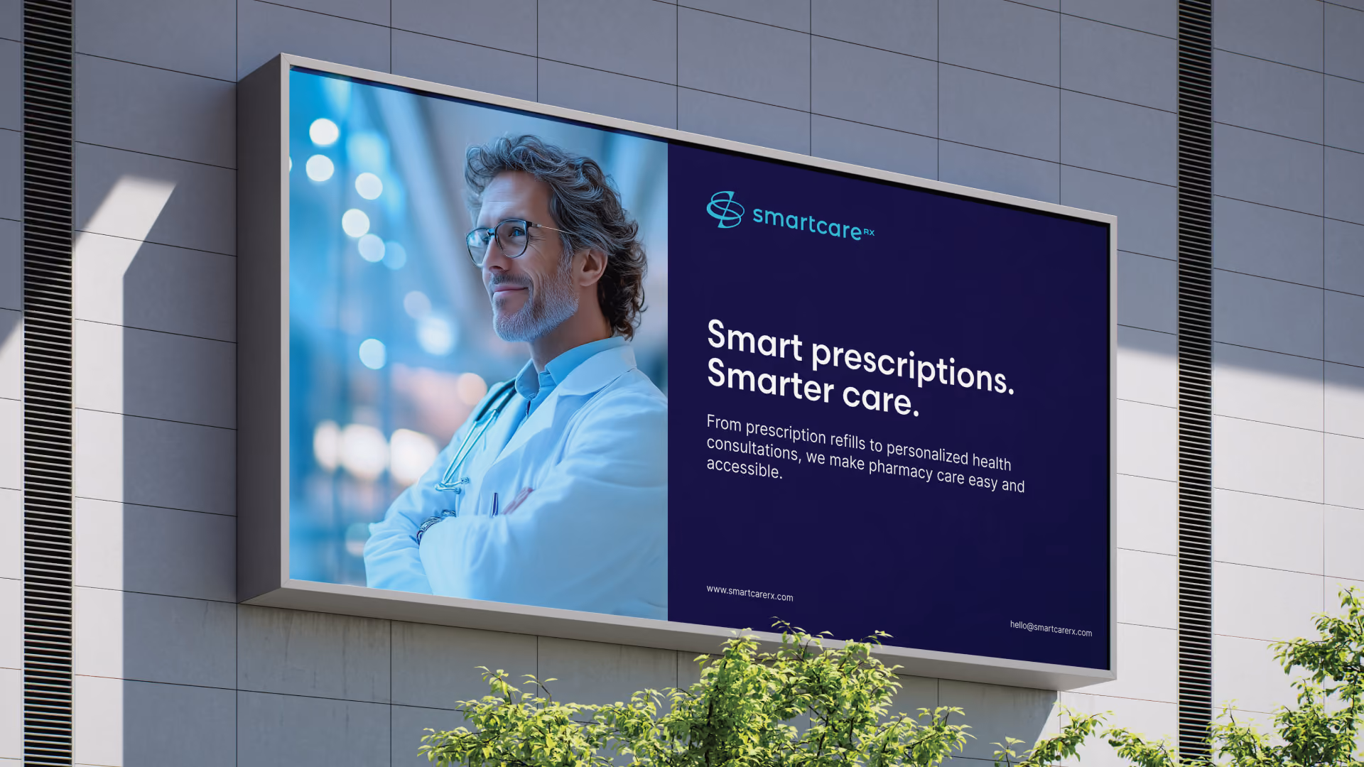 Outdoor billboard on a building wall showing a confident male doctor with glasses and a stethoscope, alongside text promoting Smartcare RX pharmacy services highlighting smart prescriptions and personalized health consultations for easy pharmacy care.