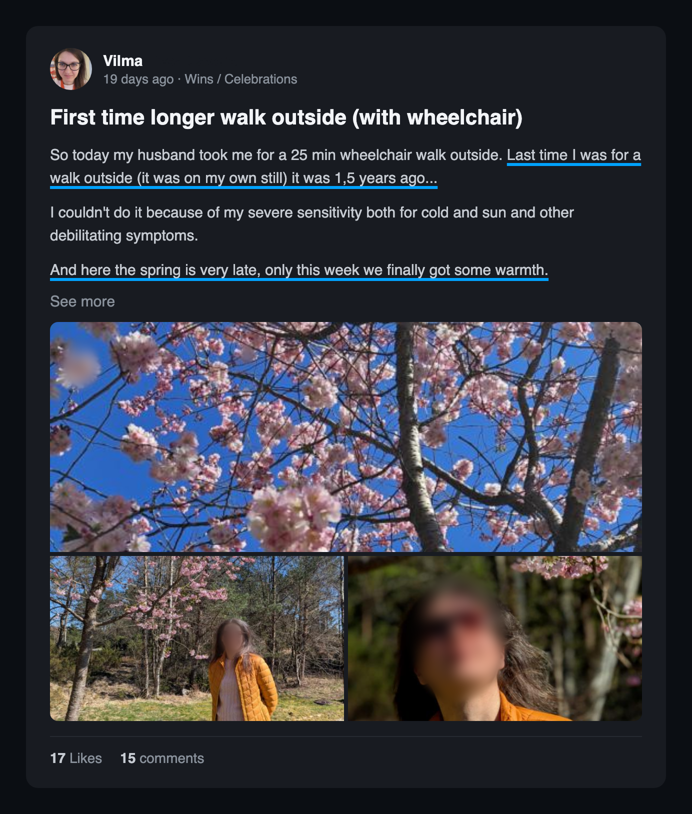 Community win post: First time longer walk outside with wheelchair