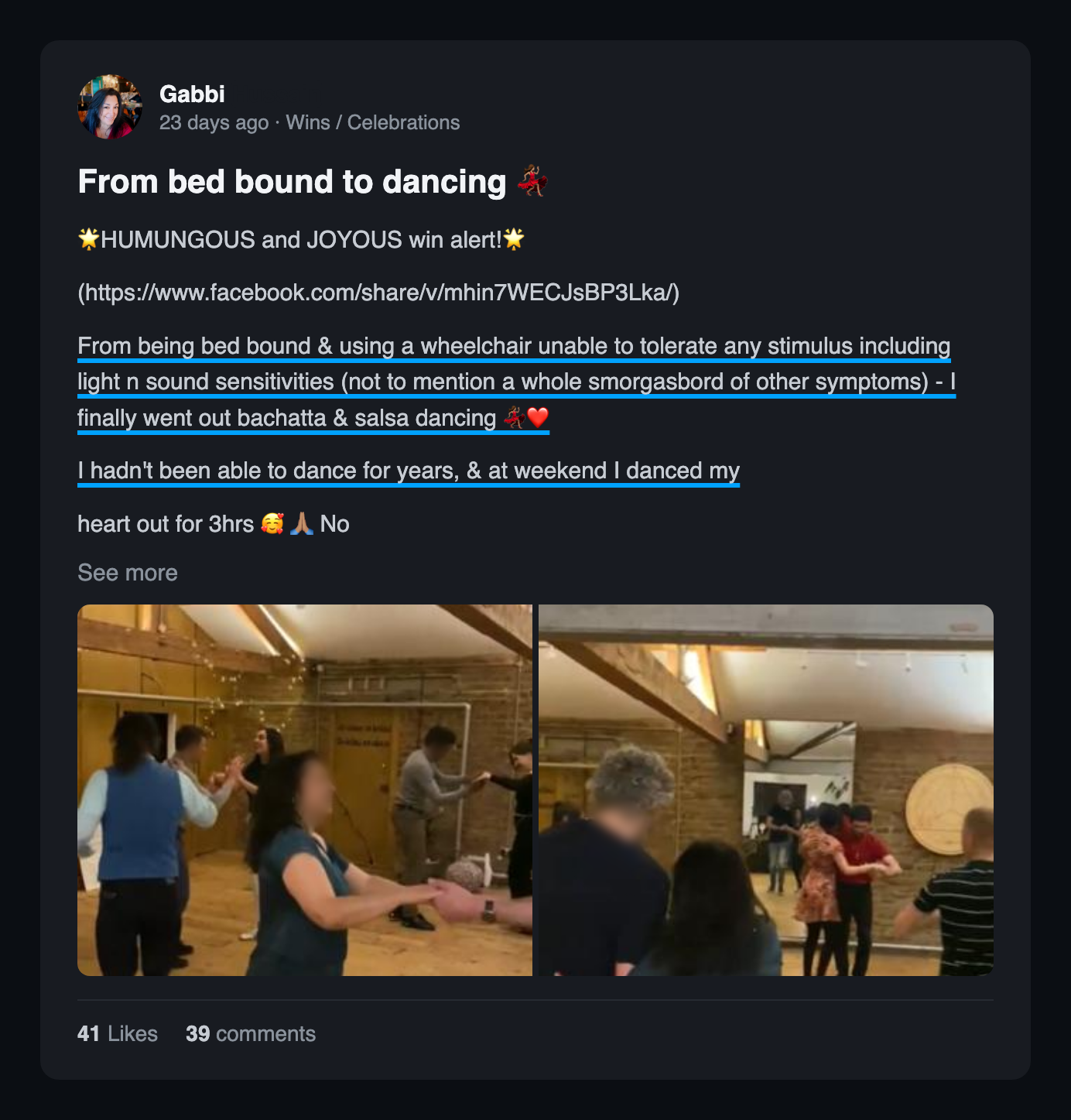 Community win post: From bed bound to dancing