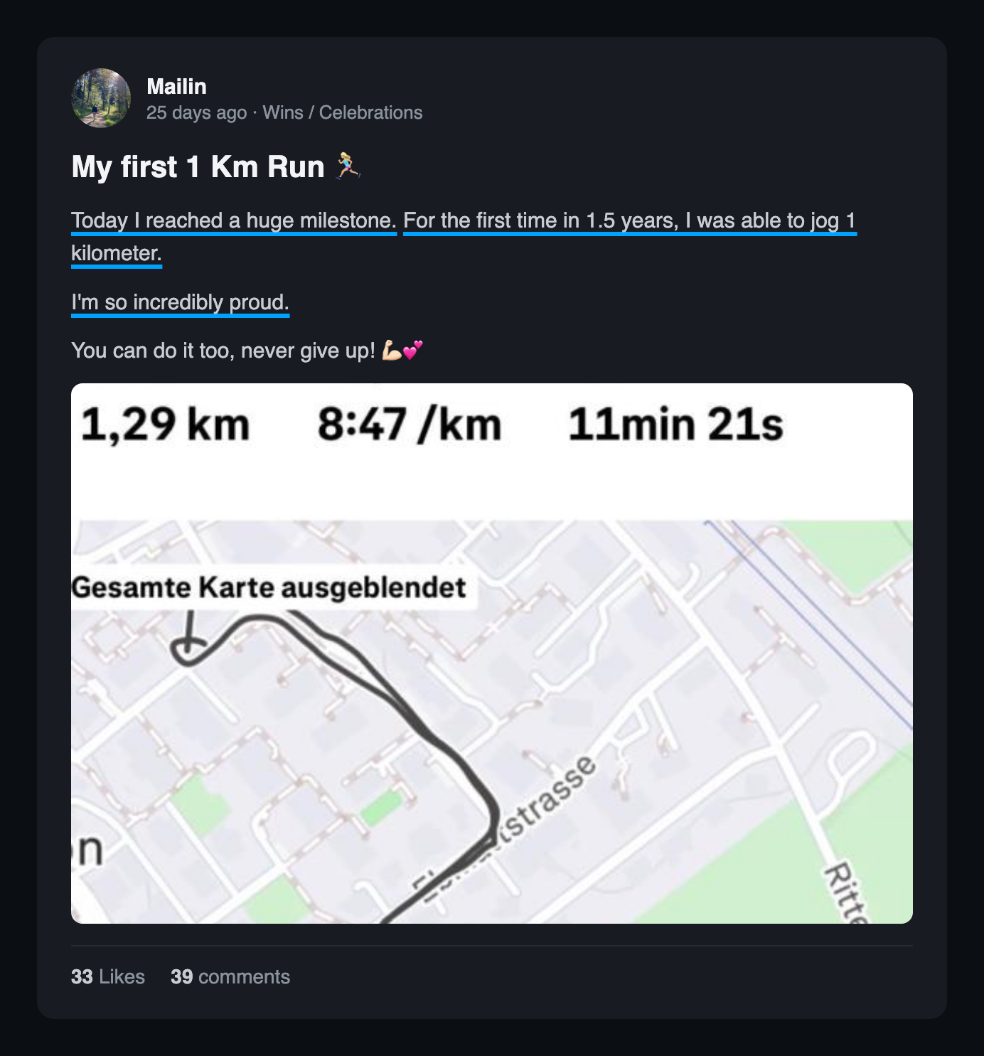 Community win post: My first 1 km run