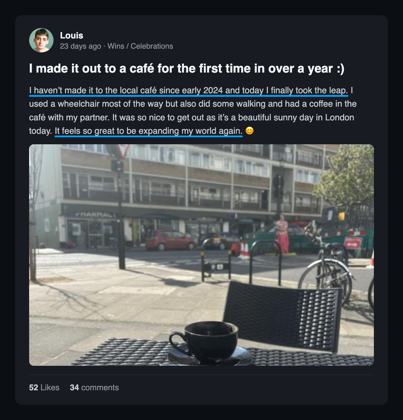 Community win post: I made it out to a cafe for the first time in over a year