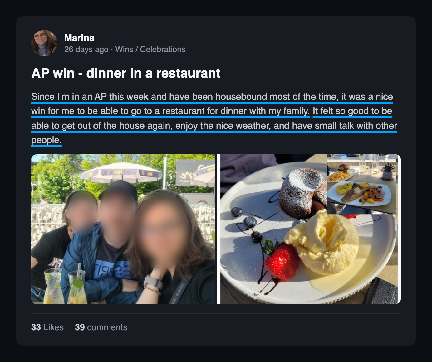 Community win post: AP win dinner in a restaurant