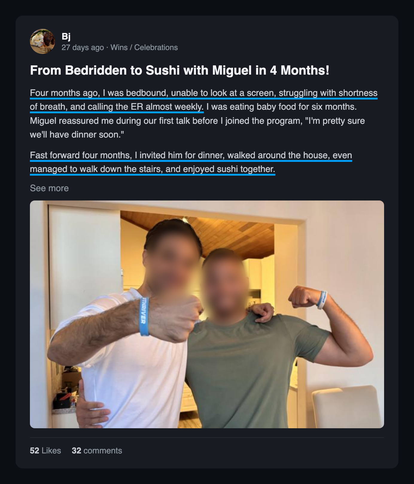 Community win post: From bedridden to sushi with miguel in 4 months
