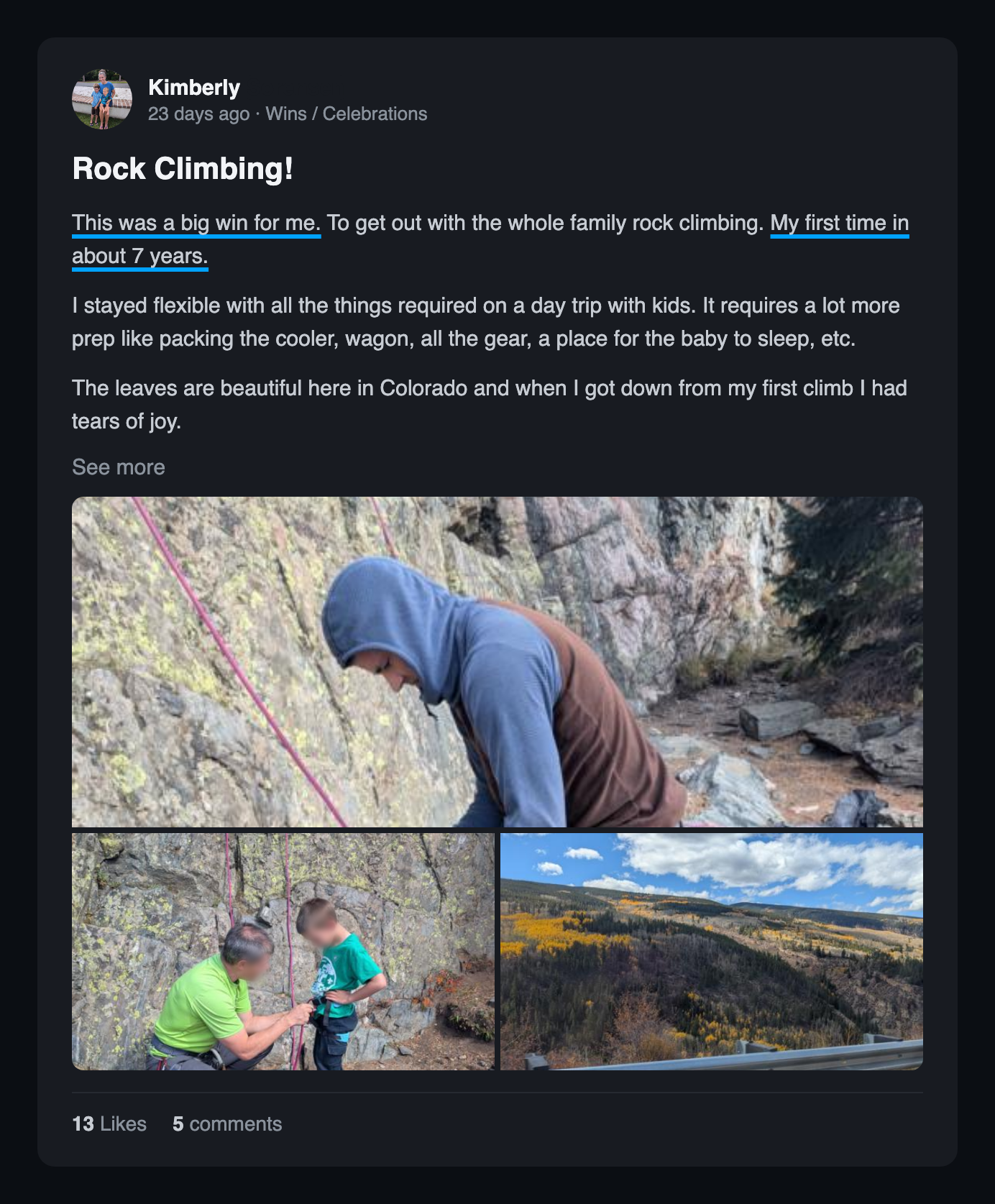 Community win post: Rock climbing