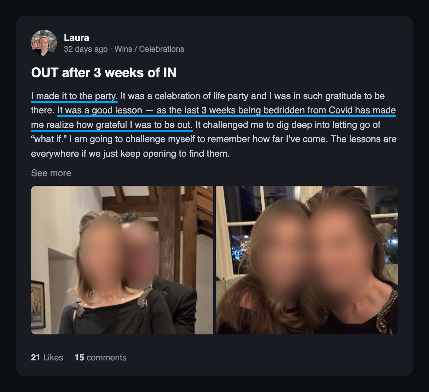 Community win post: Out after 3 weeks of in