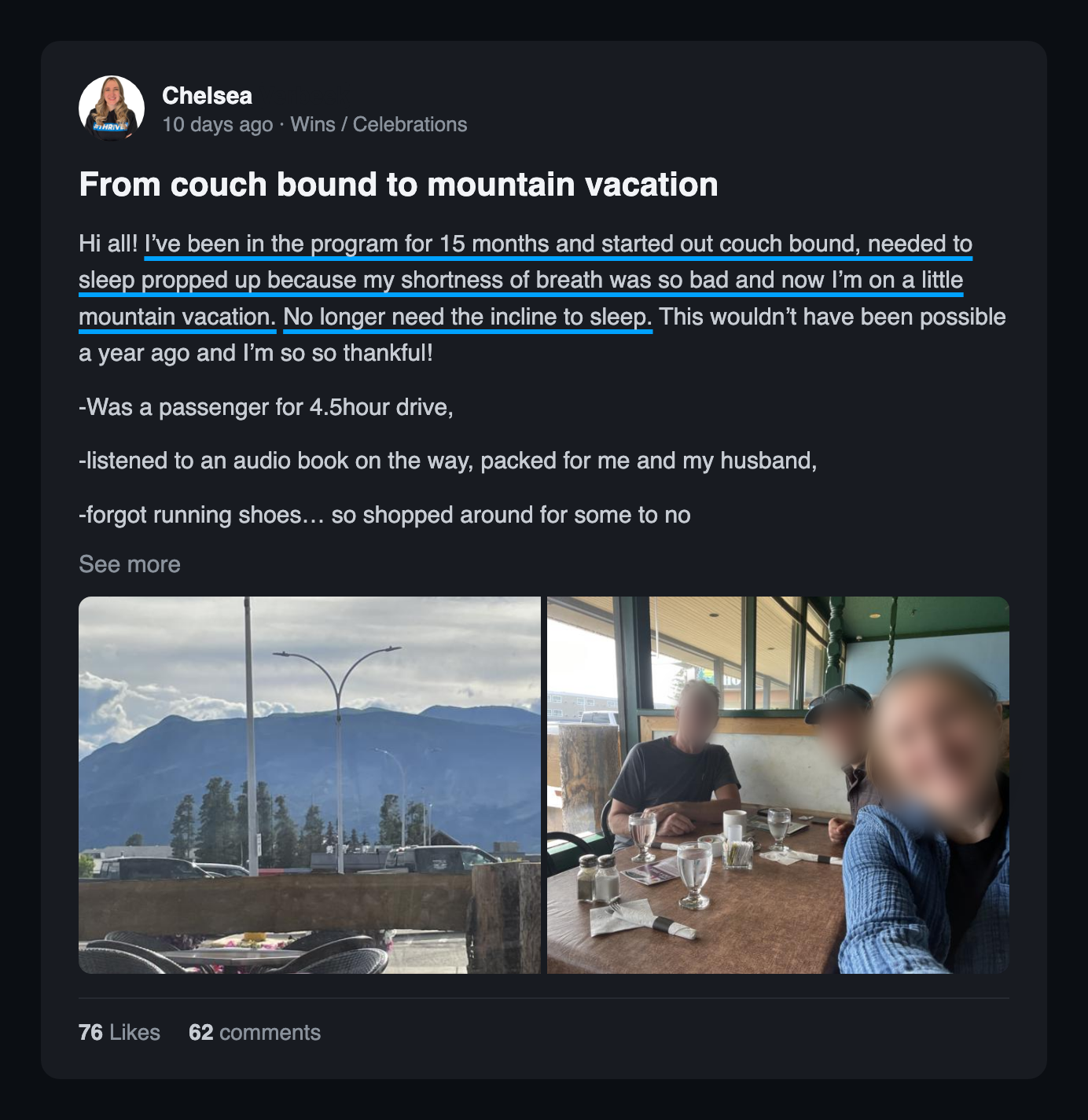 Community win post: From couch bound to mountain vacation