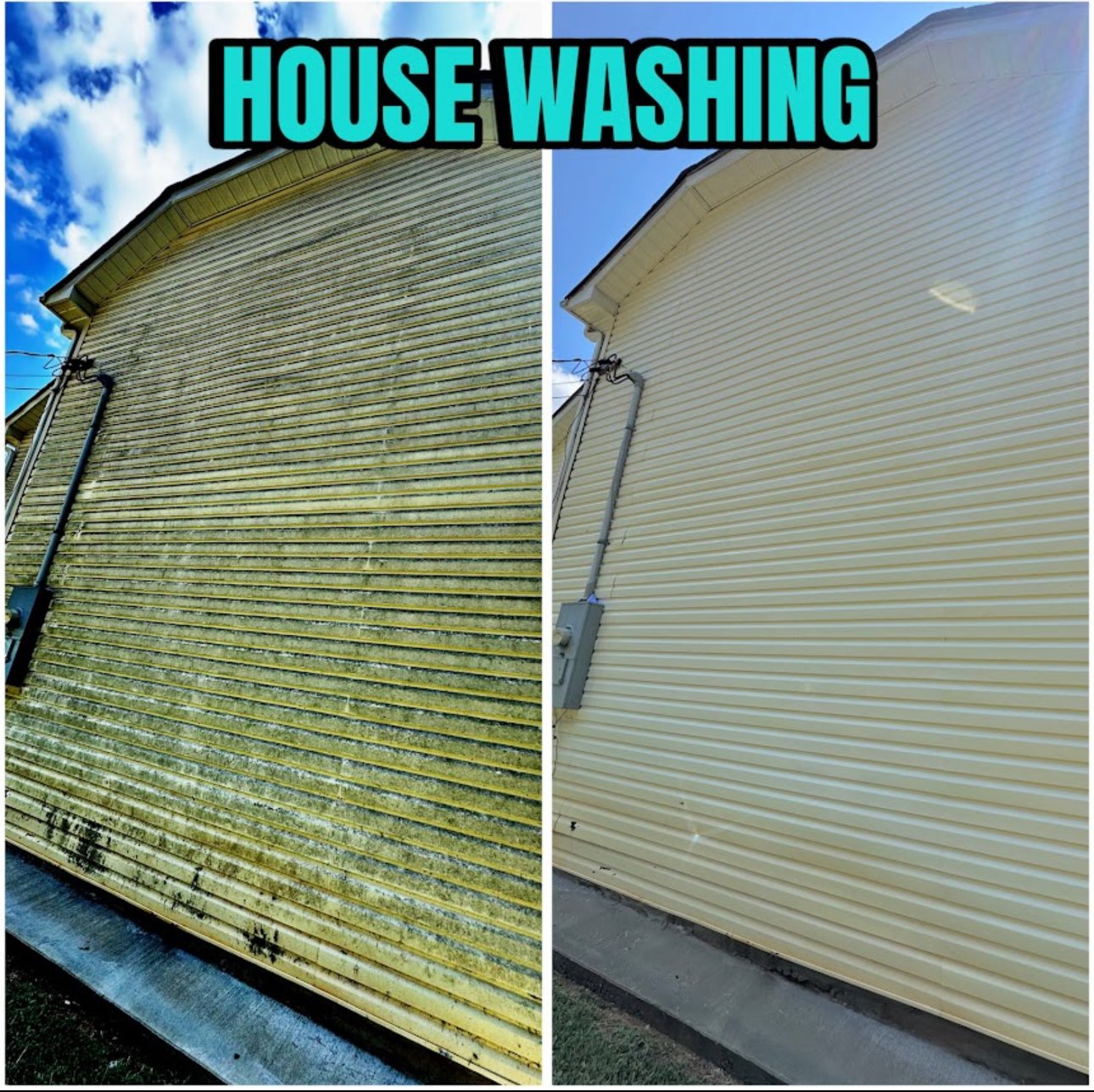 Side-by-side comparison of house siding before and after washing, showing a dirty, green-stained wall on the left and a clean, bright yellow wall on the right.