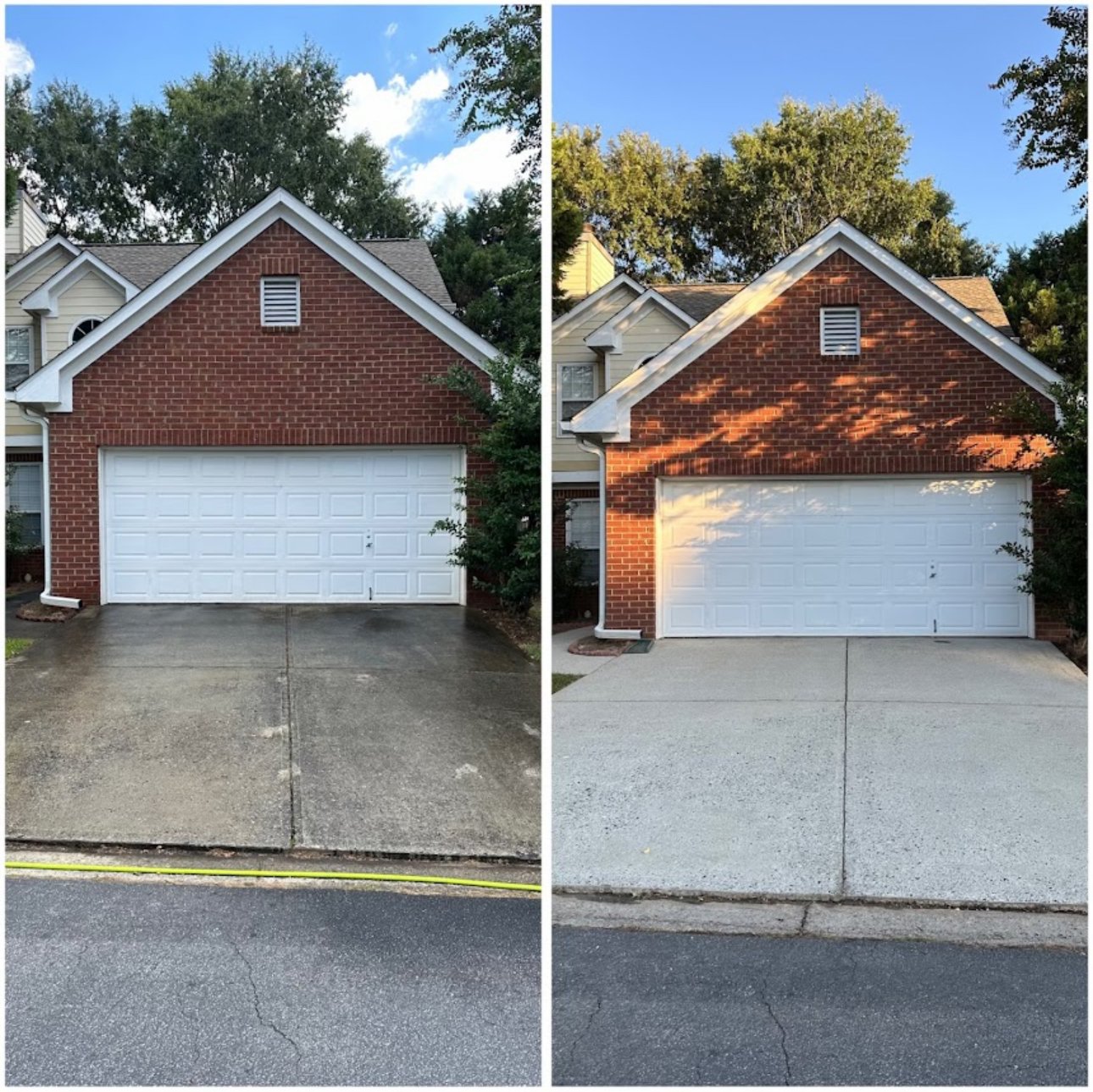 Side-by-side comparison of a residential garage showing a dirty, dark driveway on the left and a clean, bright driveway on the right.